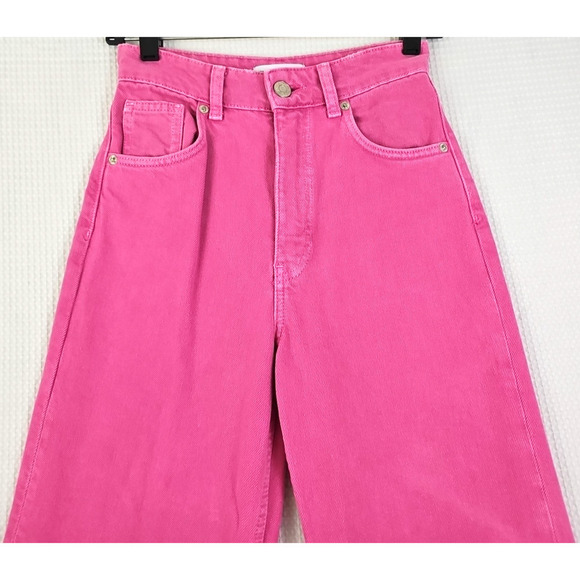 Zara Jeans ~Womens 2~ Pink Wide Leg High Rise Denim Raw Edge Hem Bright Barbie. - Picture 14 of 14